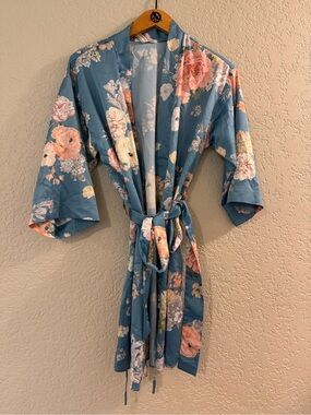Flora Nikrooz Teal Blue Floral Satin Kimono